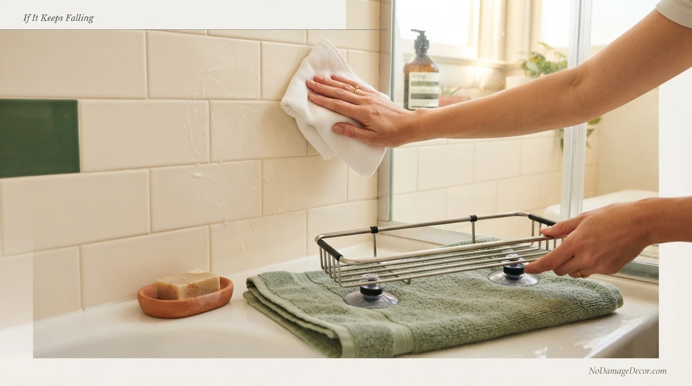 Renter resetting a suction shower shelf after cleaning the cups and smooth shower tile
