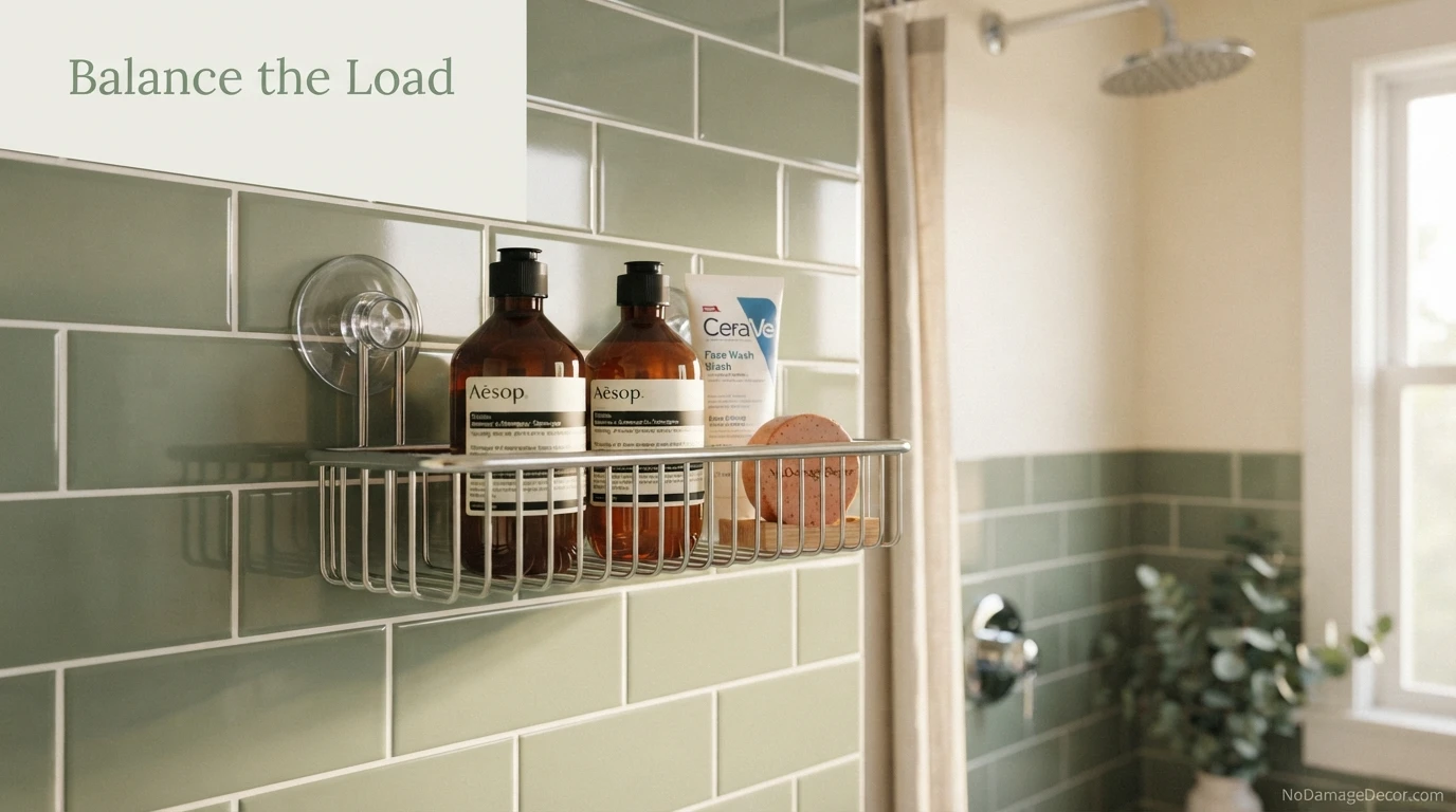 Suction shower shelf loaded evenly with lightweight toiletries on smooth tile