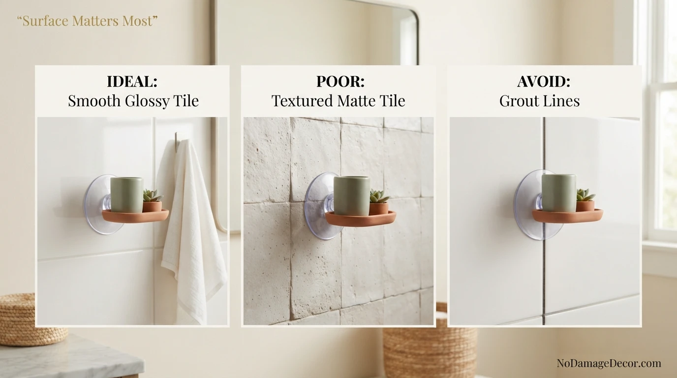 Smooth glazed tile compared with textured tile and grout for suction shower shelf compatibility