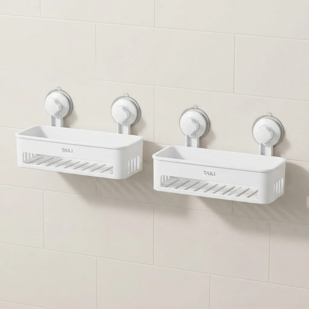 TAILI white two-pack suction shower caddy with plastic baskets and vacuum cups