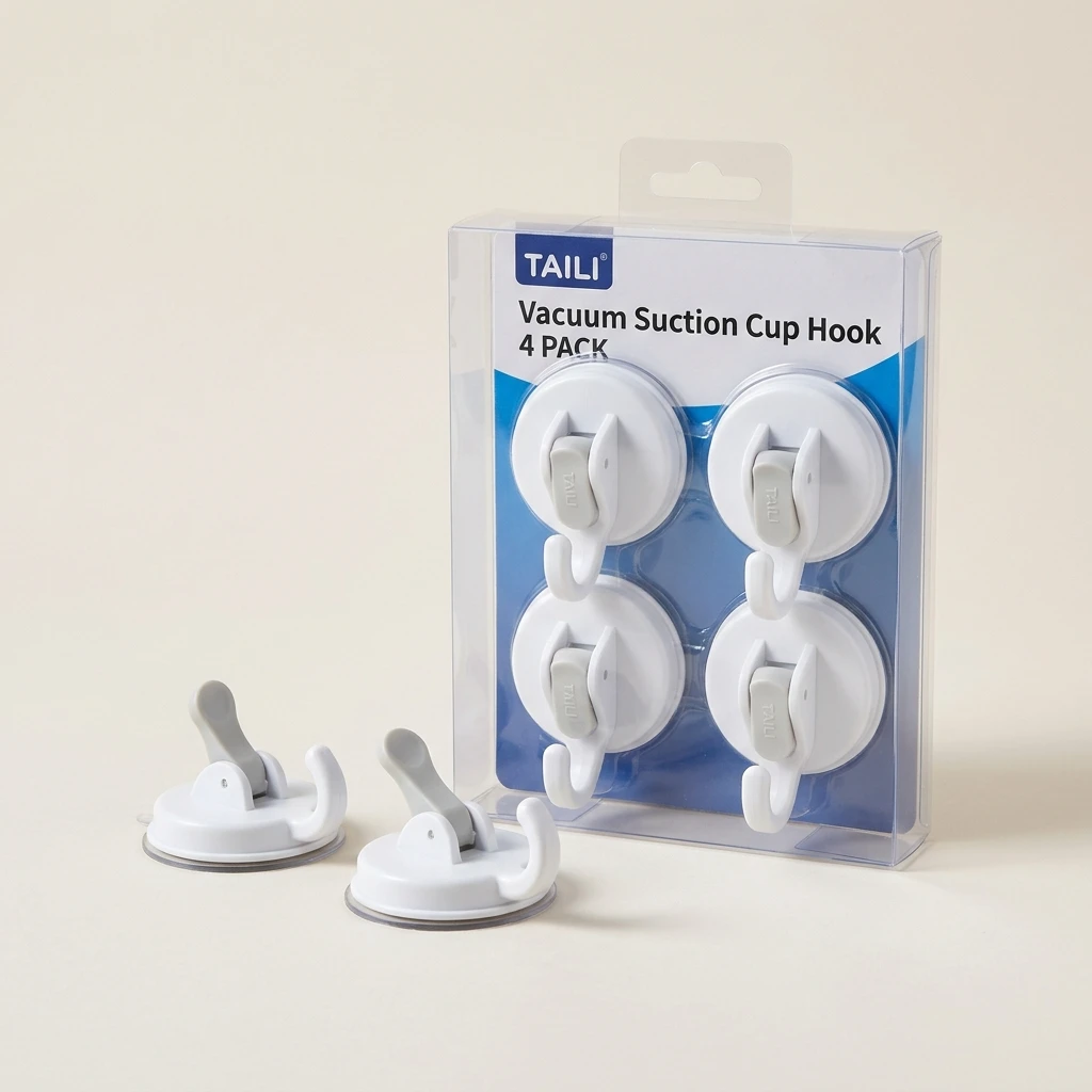 TAILI suction cup hooks four-pack in white with round vacuum bases