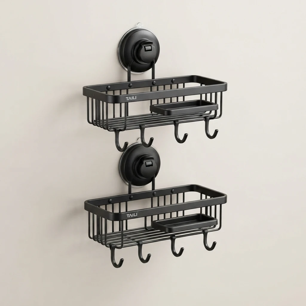 TAILI black metal two-pack suction shower caddy with hooks and vacuum cups