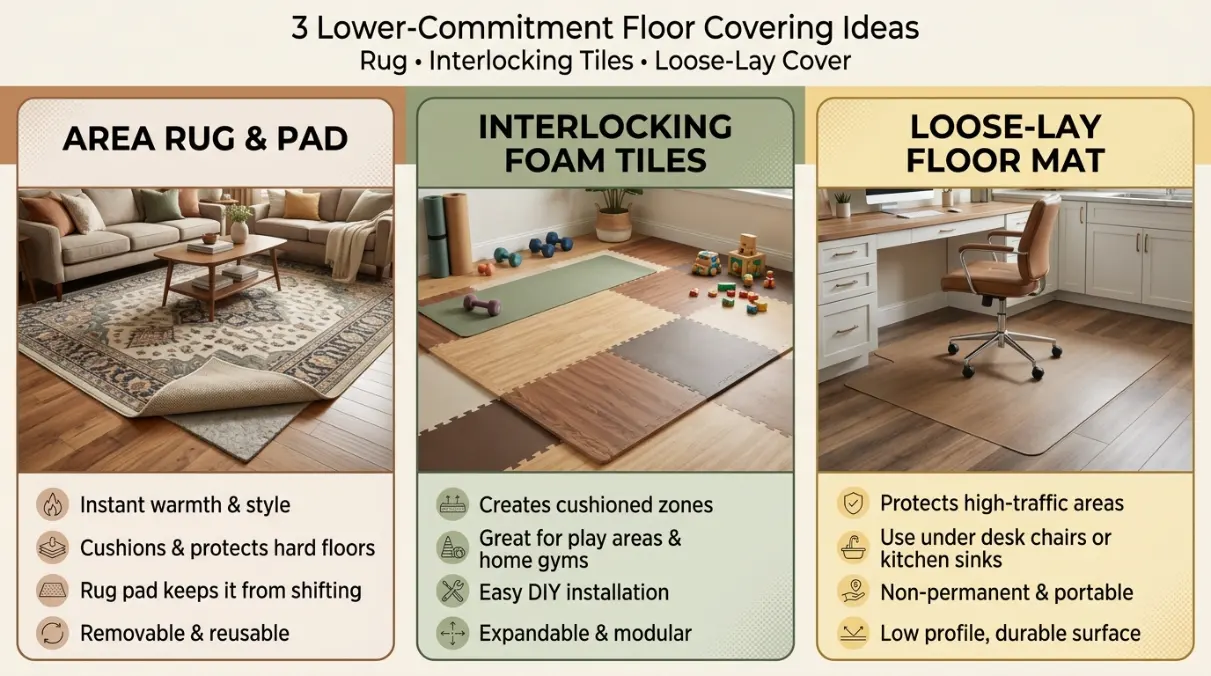 Area rug, interlocking foam tiles and floating floor mat compared for renters