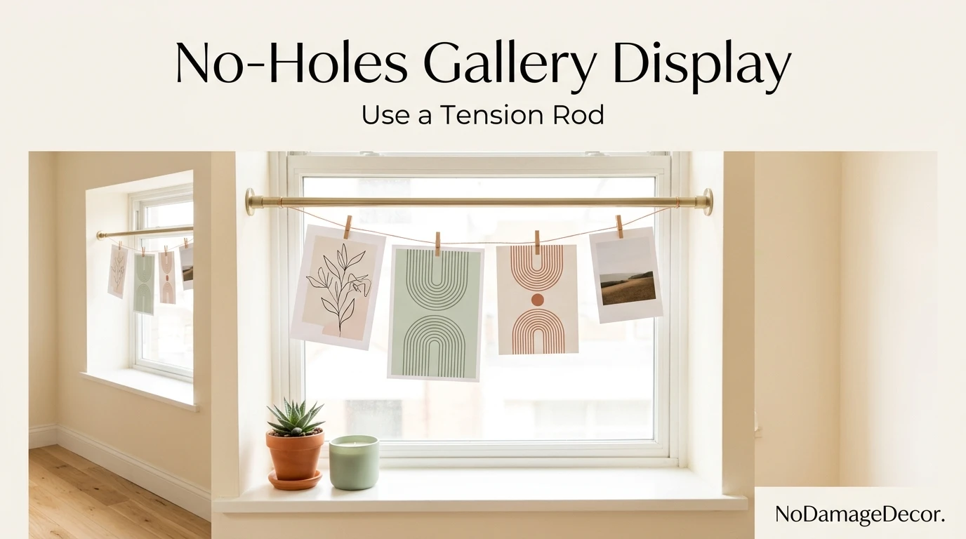 Tension rod with wire and clips holding lightweight art prints in a rental apartment doorway without wall holes