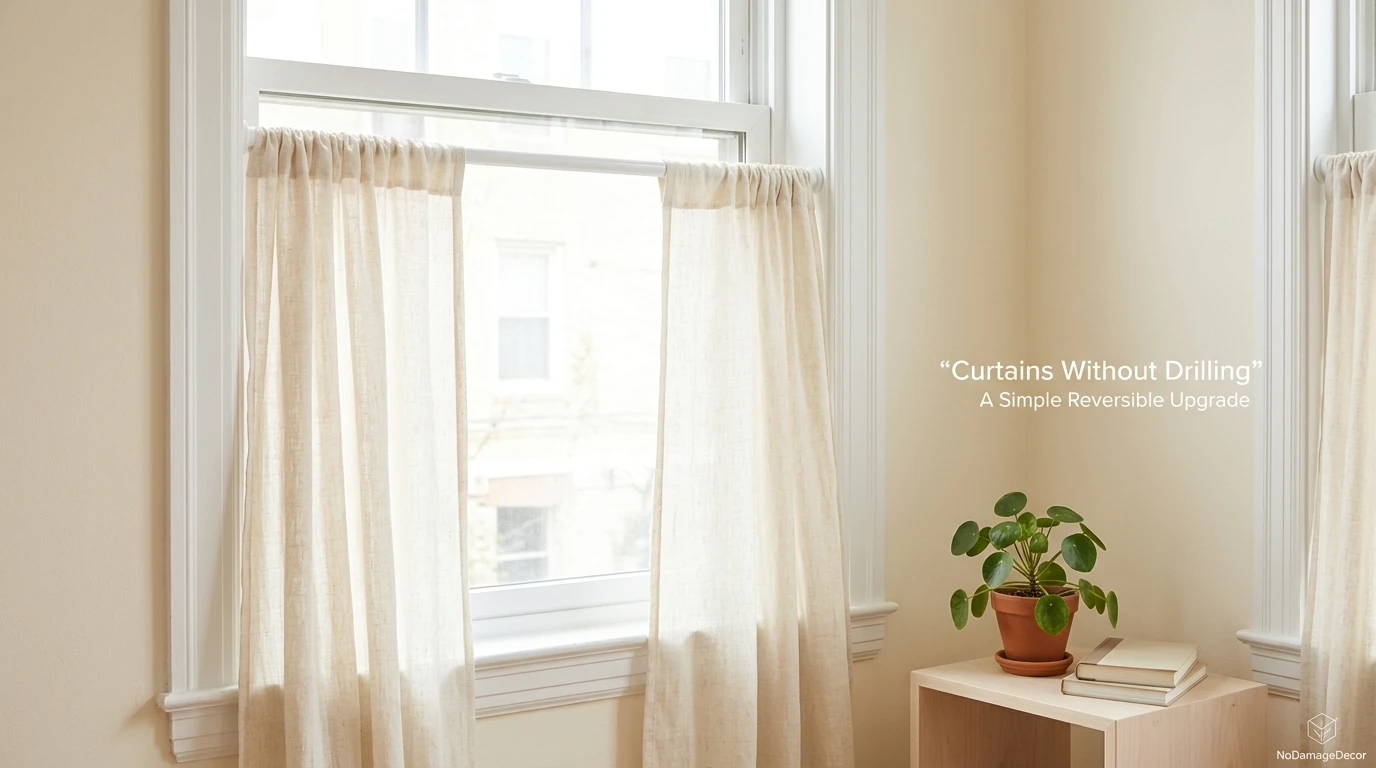 White tension rod holding light linen curtains in a rental apartment window without drilling or wall damage