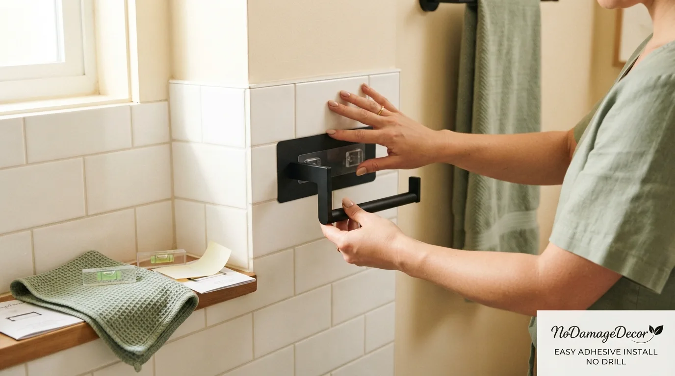 Renter positioning an adhesive toilet paper holder on clean bathroom tile without drilling