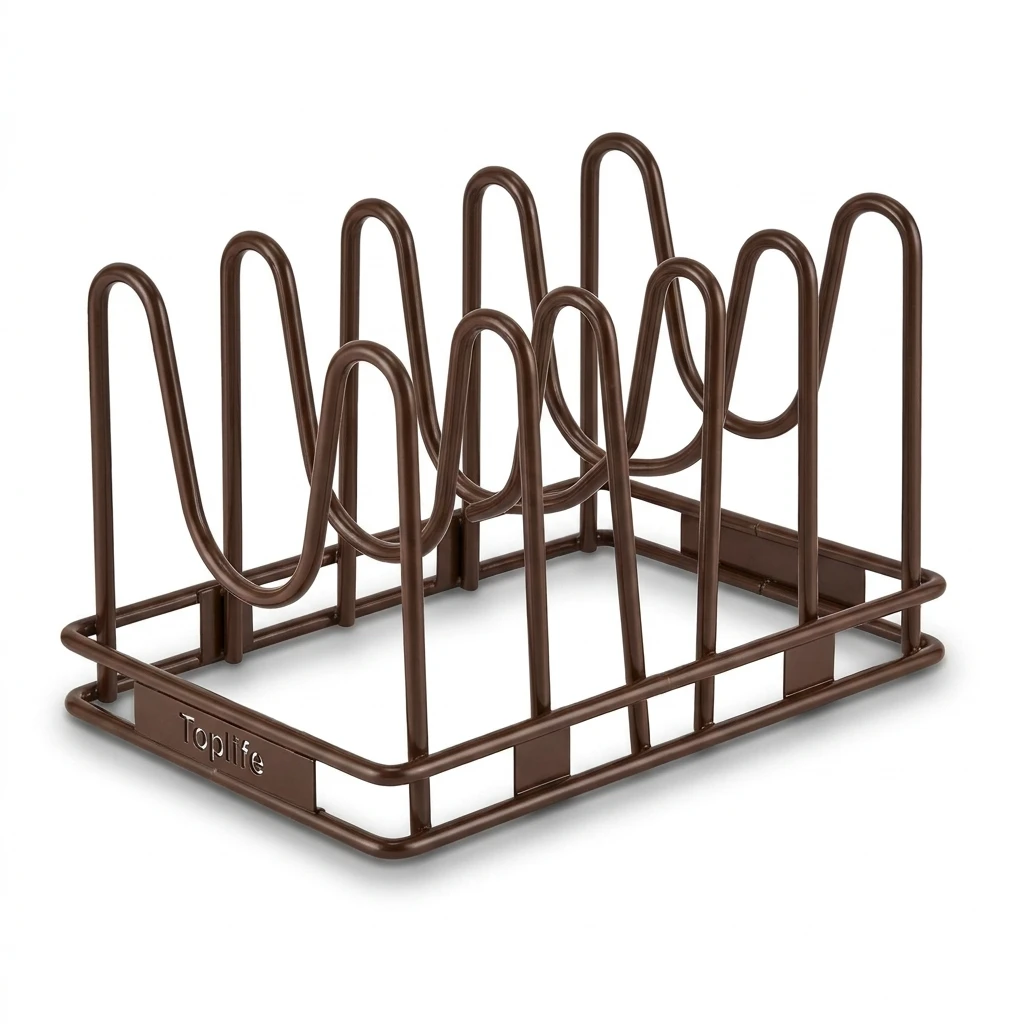 Toplife brown adjustable pot lid organizer rack with seven compartments on a white background.