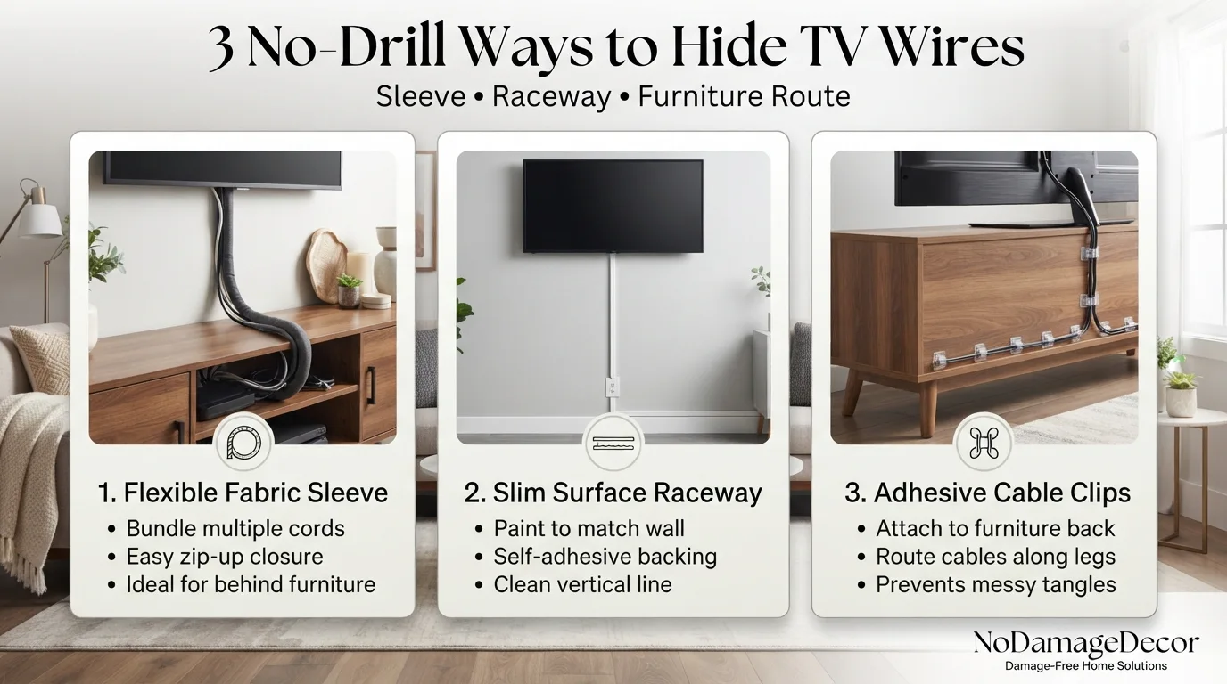 Cable sleeve, surface raceway and furniture routing compared for hiding TV wires in a rental