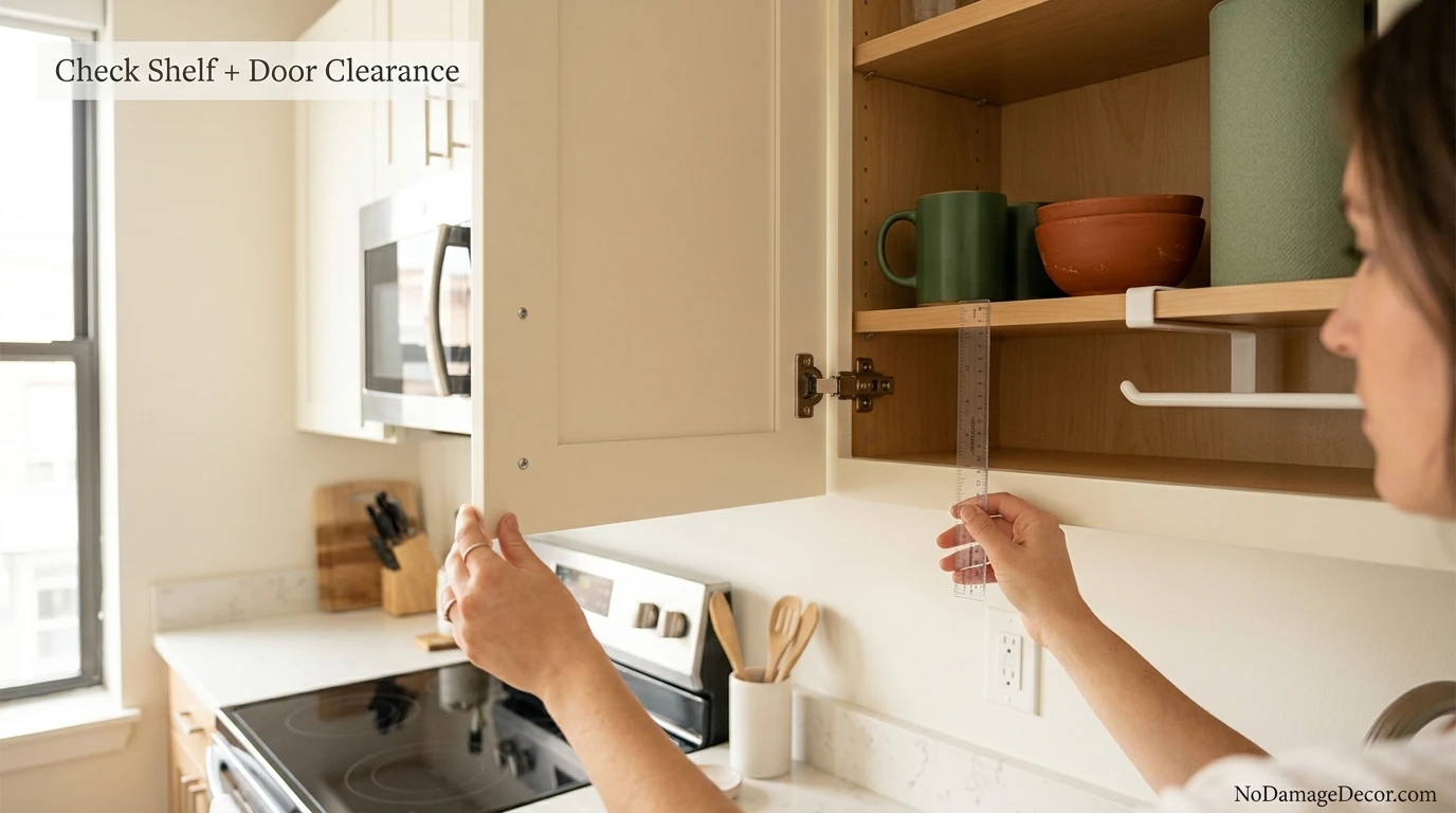 Renter checking cabinet shelf thickness and door clearance for an under-shelf paper towel holder