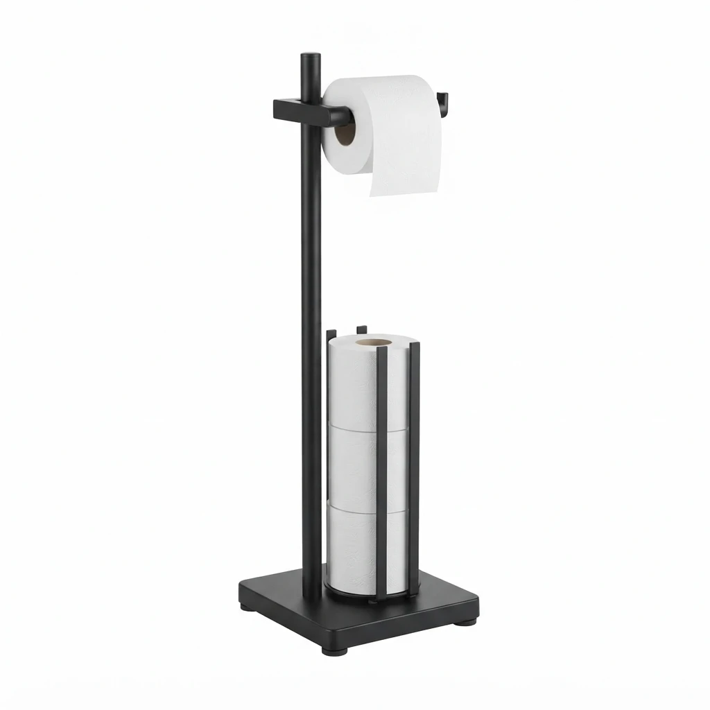 Kitsure black freestanding toilet paper holder with roll storage for rental bathrooms