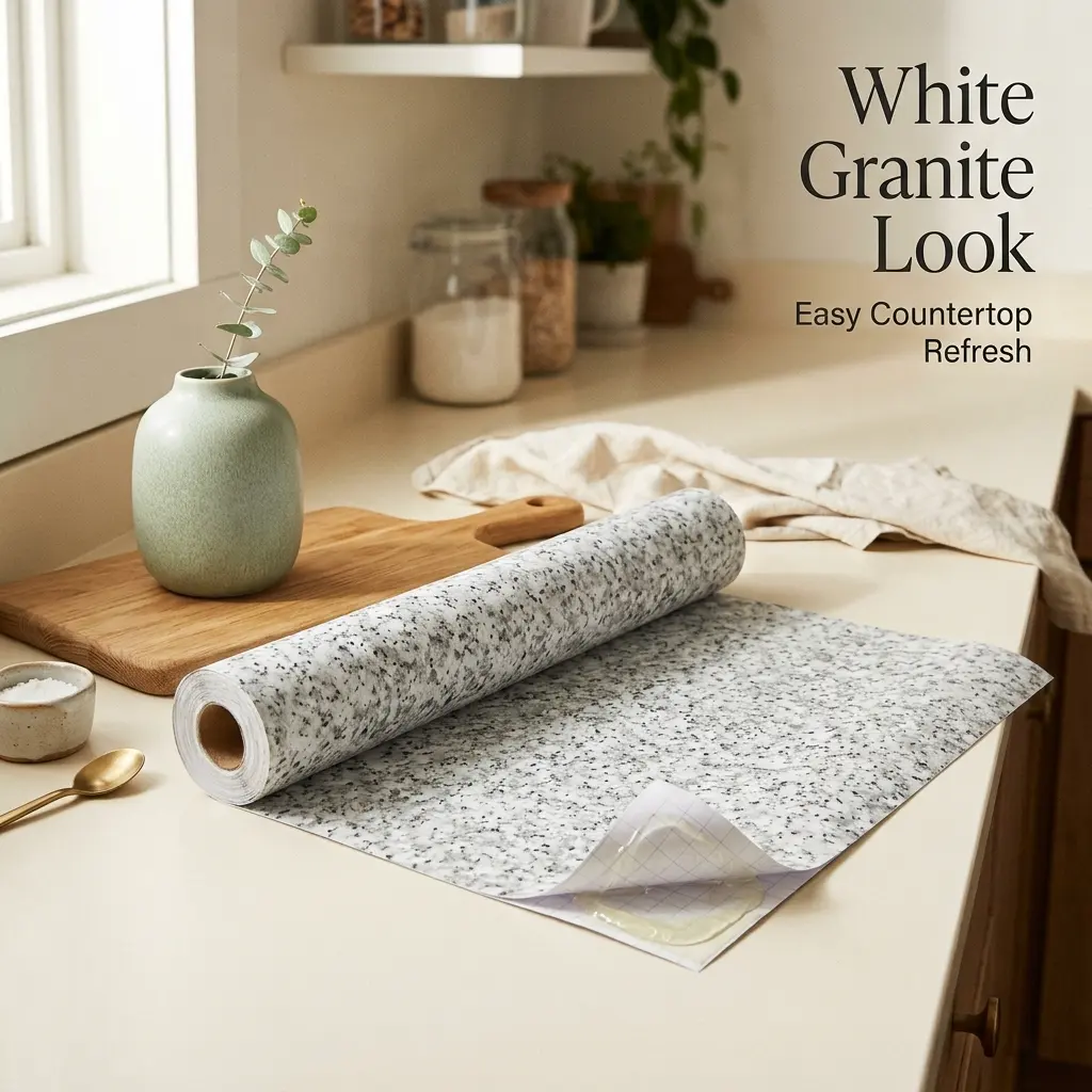 VEELIKE white granite contact paper roll for countertops on neutral background