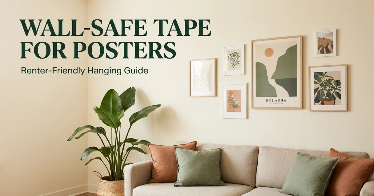 Framed poster and art prints hung on a warm cream apartment wall using wall-safe adhesive strips, styled with sage green accents and natural daylight.