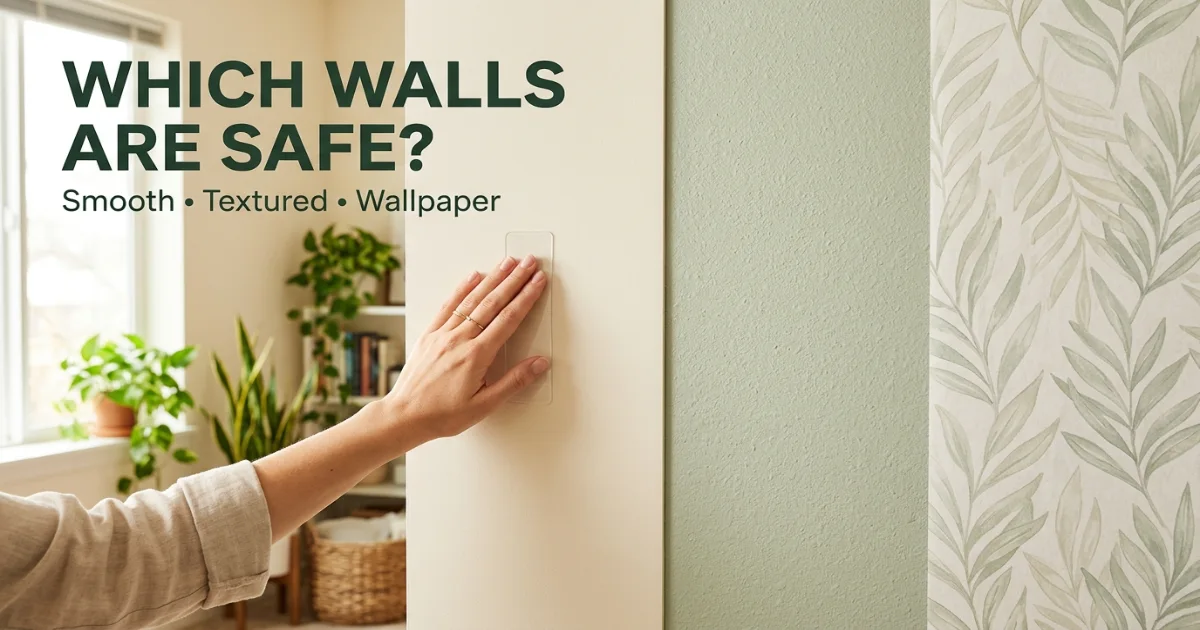 Close-up comparison of smooth painted drywall, textured wall, and wallpaper surfaces in a rental apartment, with a hand gently testing adhesive strip adhesion.