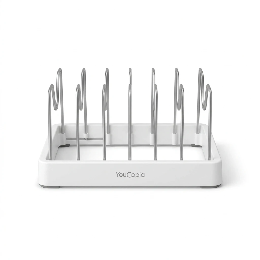 YouCopia StoreMore adjustable pot lid organizer with white base and steel dividers on a white background.
