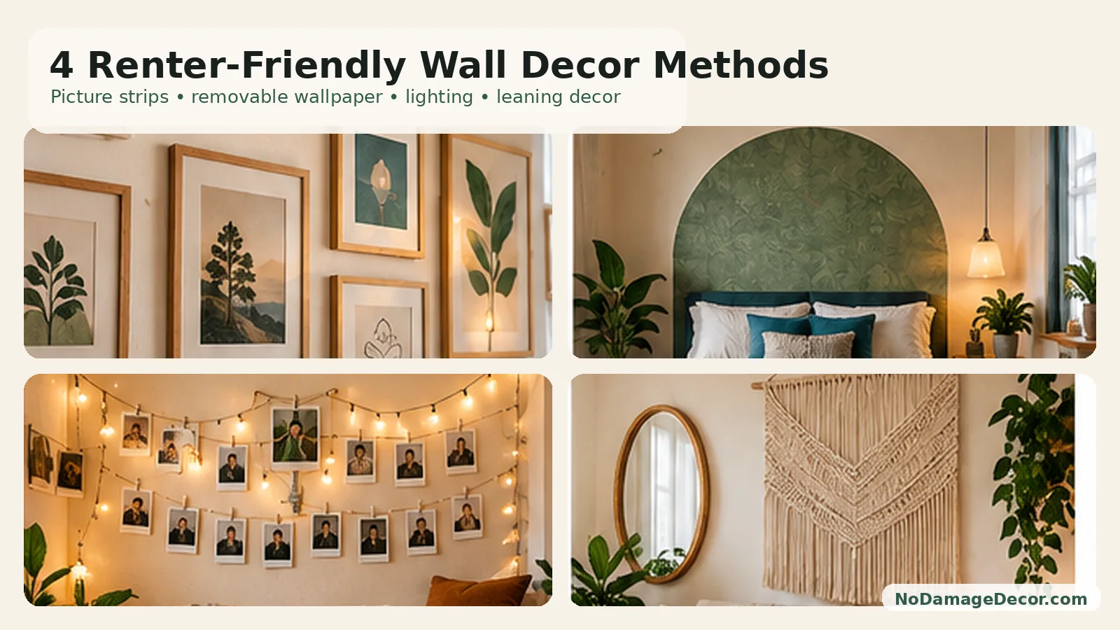 Picture strips, removable wallpaper, leaning art and tension decor compared in a rental apartment
