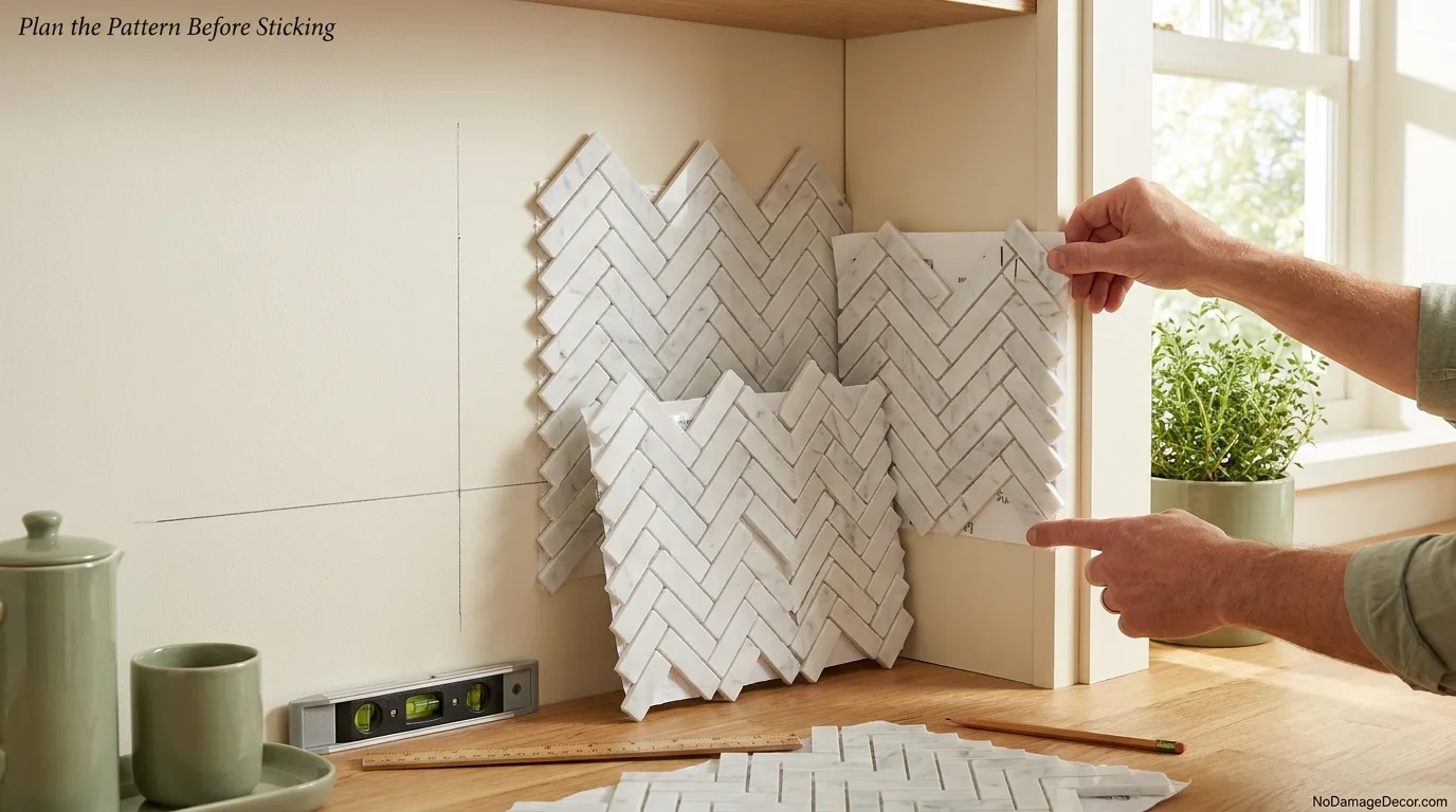 Dry layout of herringbone peel and stick tile sheets aligned from level reference lines