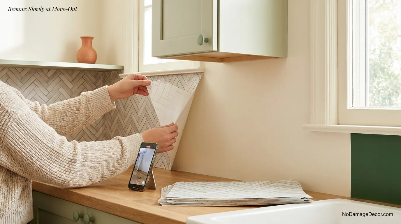 Renter slowly removing a herringbone peel and stick backsplash sheet and checking the wall at move-out