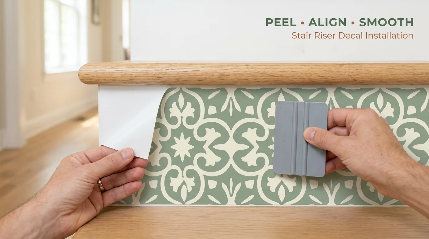 Applying a removable vinyl decal gradually to a smooth vertical stair riser