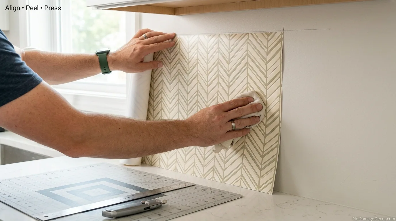 Renter aligning and pressing a peel and stick herringbone tile sheet onto a clean backsplash wall