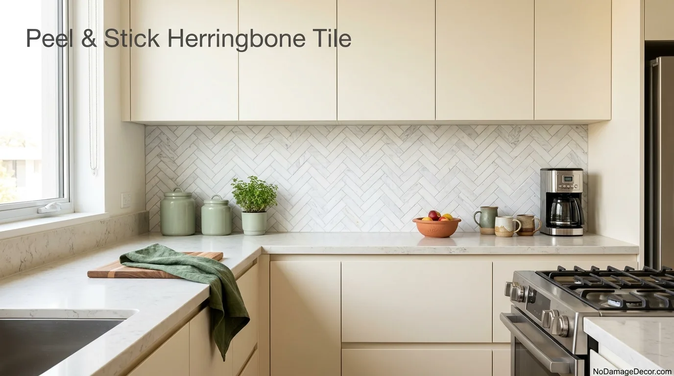 Peel and stick herringbone tile backsplash in a renter-friendly apartment kitchen