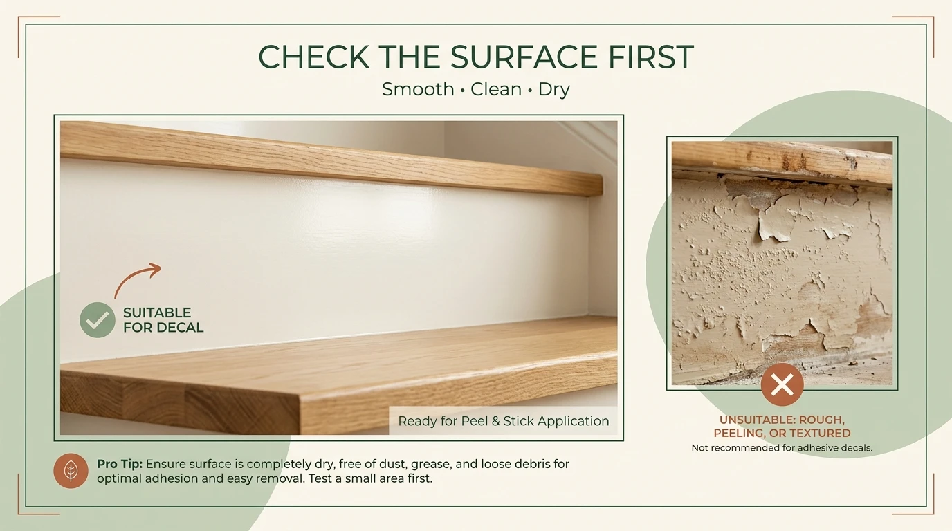Smooth painted stair riser compared with rough damaged riser before applying removable decals