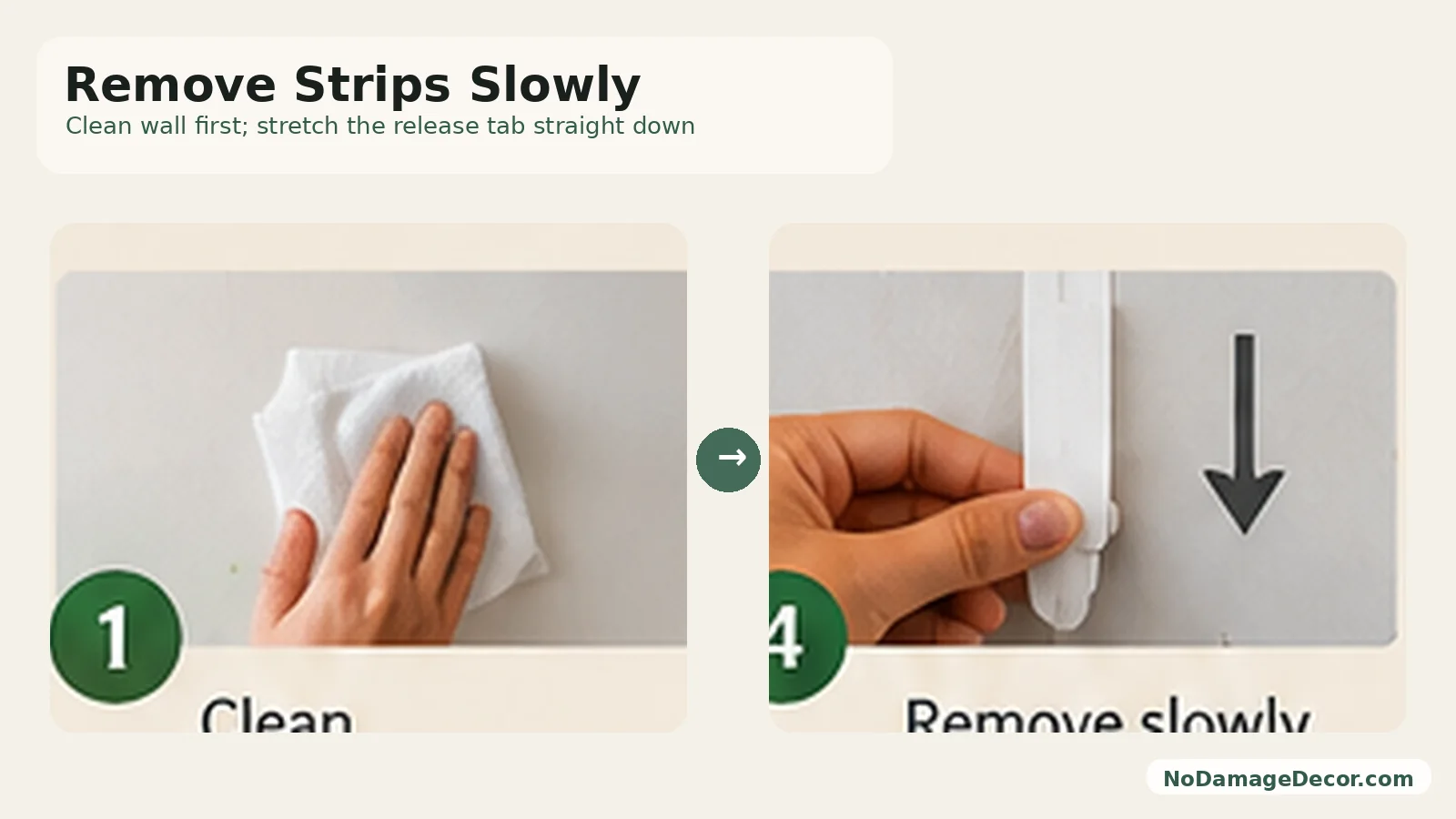 Renter slowly stretching a removable picture hanging strip straight down along a painted wall