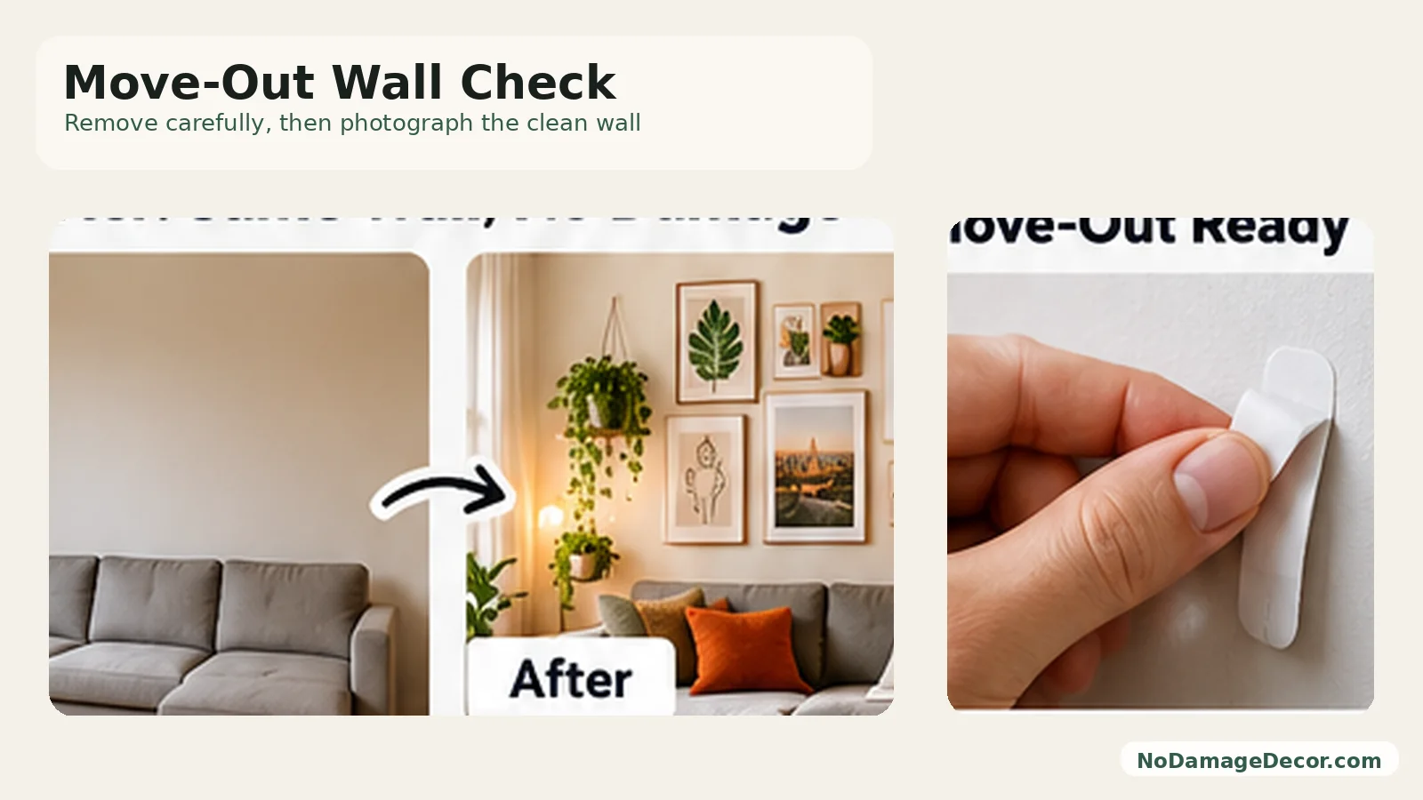 Renter inspecting and photographing apartment wall condition after removable decor has been taken down