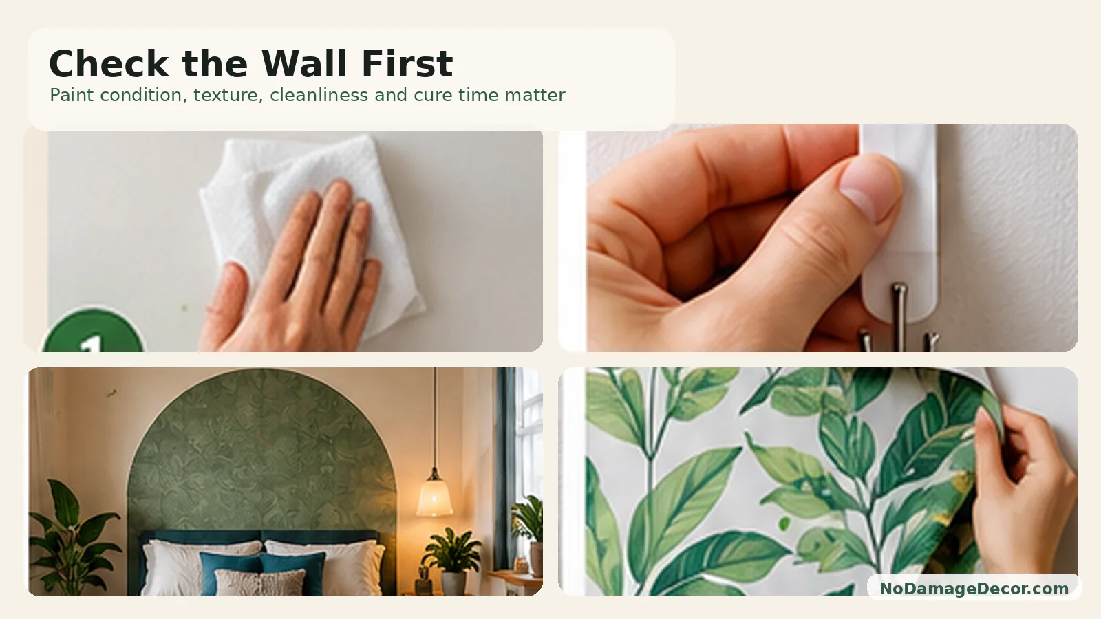 Renter checking smooth painted wall condition before using removable adhesive decor