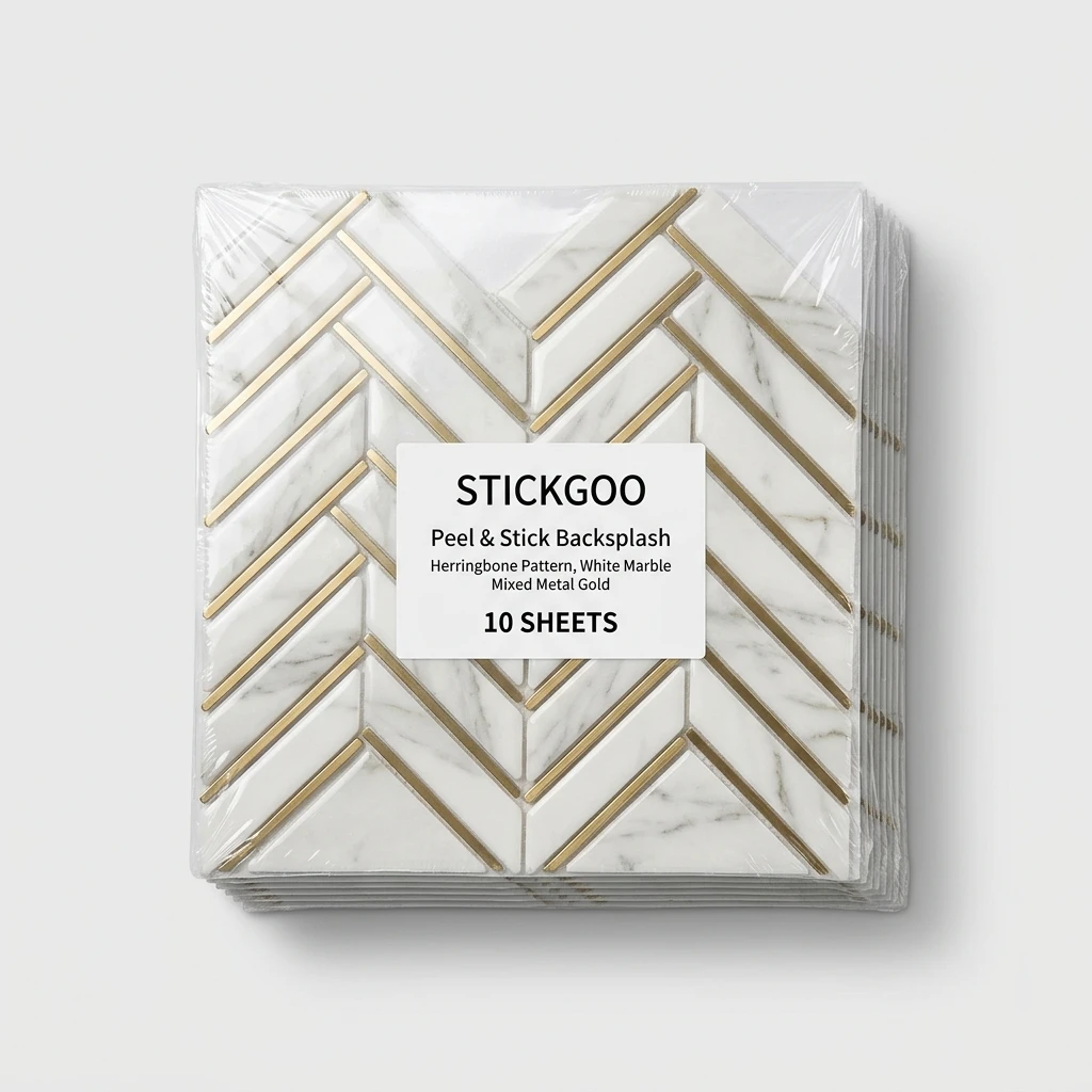 STICKGOO white marble mixed gold herringbone peel and stick backsplash tile sheets