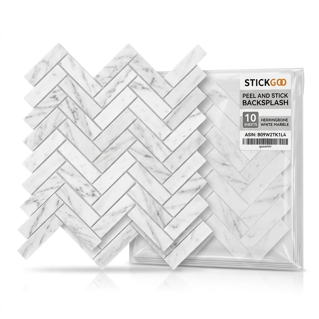 STICKGOO white marble herringbone peel and stick backsplash tile sheets